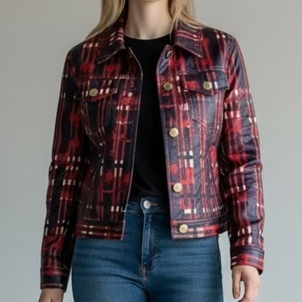 Tory Burch RARE Allover Painted Plaid NWT Buttery Leather Crop Jacket Large Blue